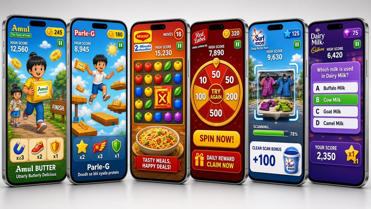 Portrait phone screens of FMCG-branded hypercasual games