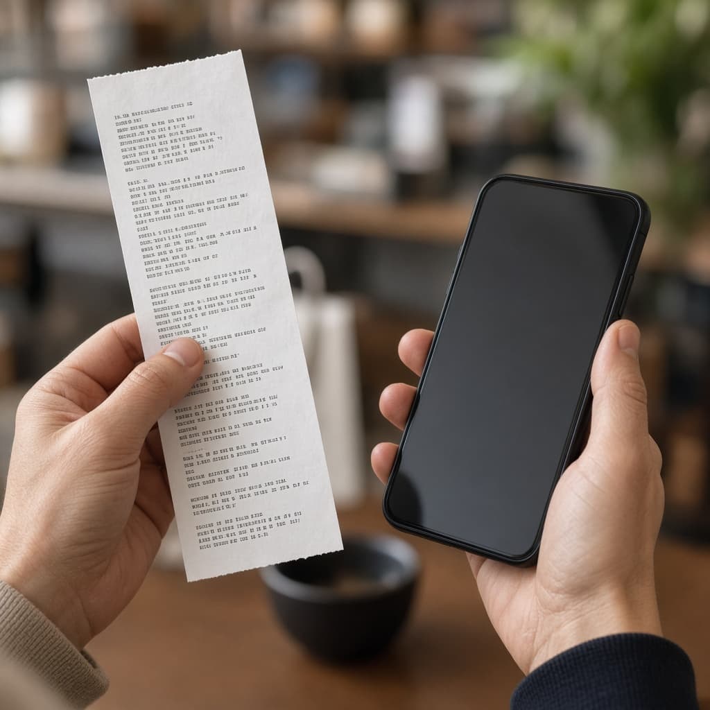 Hands checking a purchase receipt beside a phone