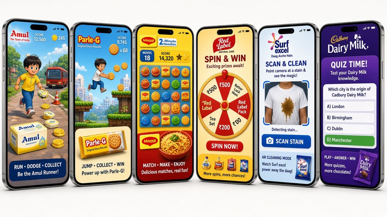 Portrait phone screens showing FMCG-branded hypercasual games
