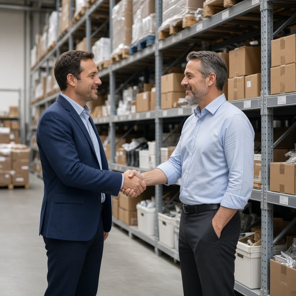 Trade partners shaking hands in a store warehouse