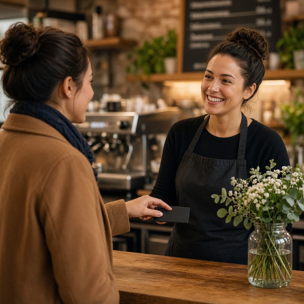 Customer redeeming loyalty at a cafe counter