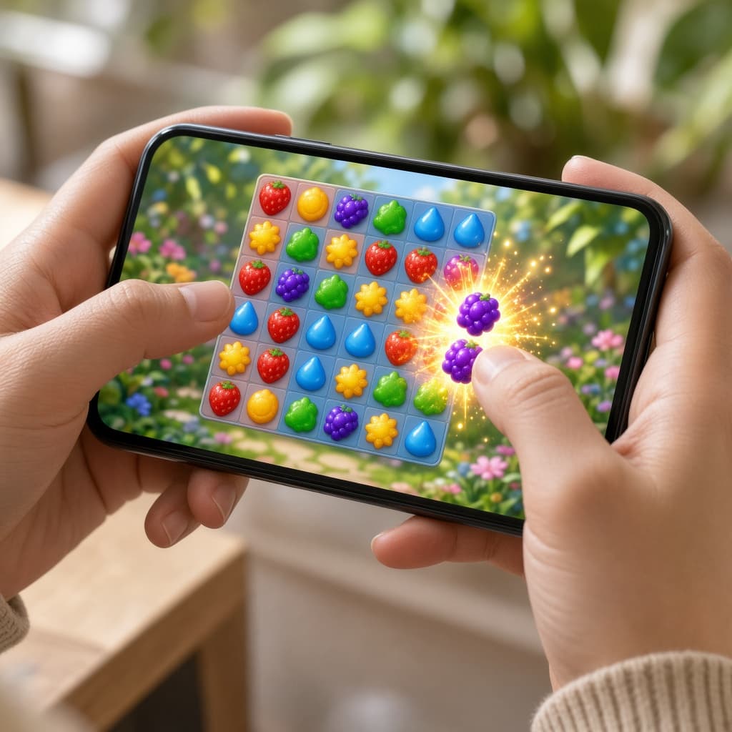 Hands playing a branded mobile game