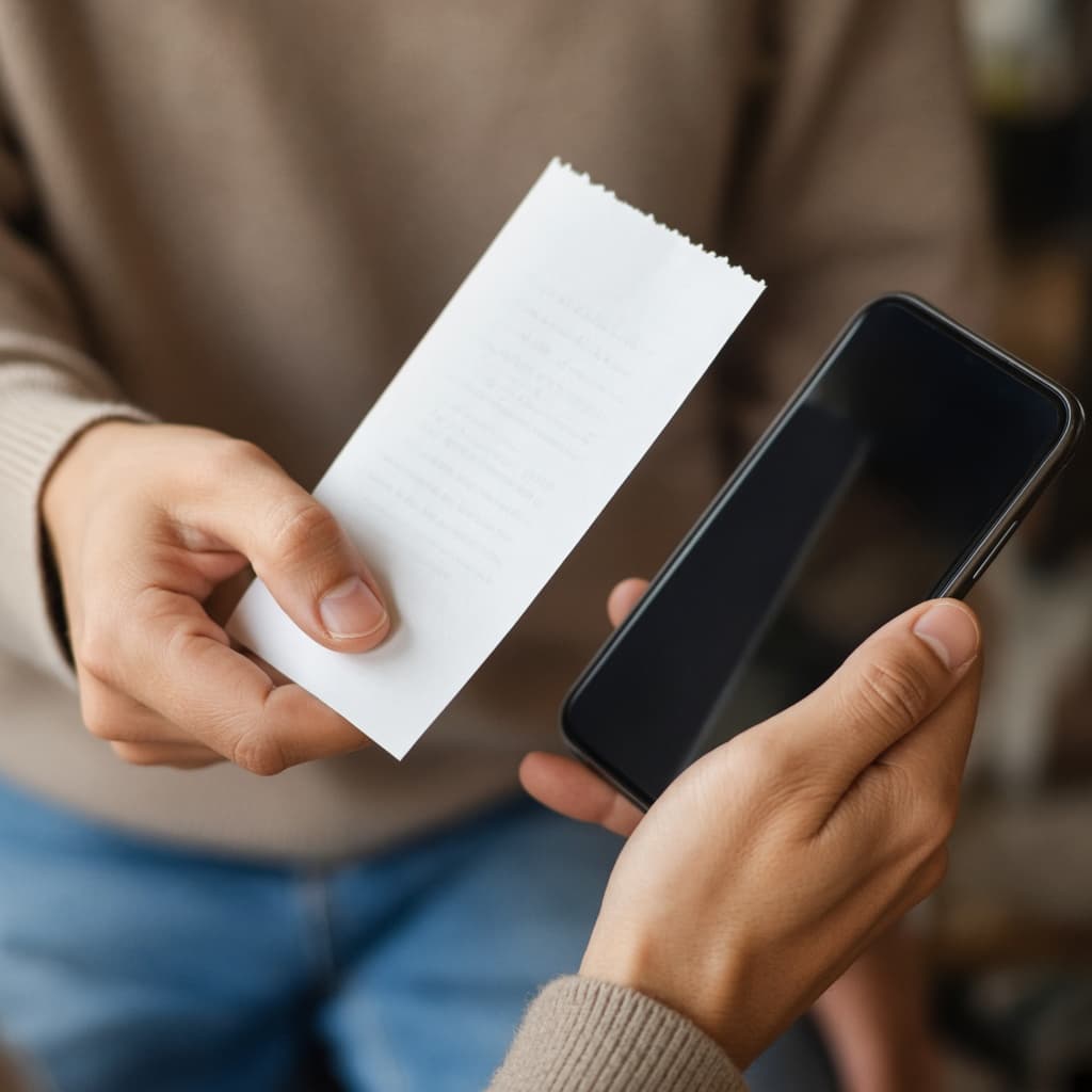 Hands validating a purchase receipt on a phone