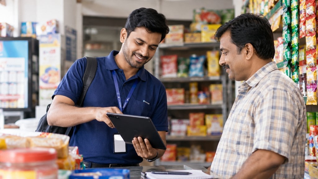 Field agent demonstrating channel loyalty on a tablet to a retailer