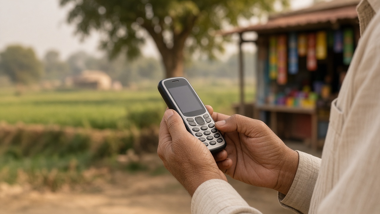Hands holding a feature phone in a rural setting